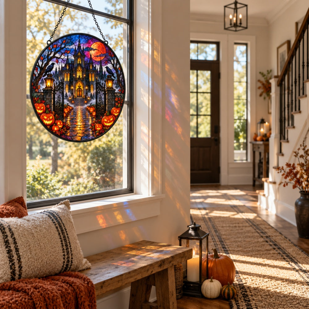 Pumpkin Farm Entrance Halloween stained glass suncatcher window hanging, suitable for home and garden decoration