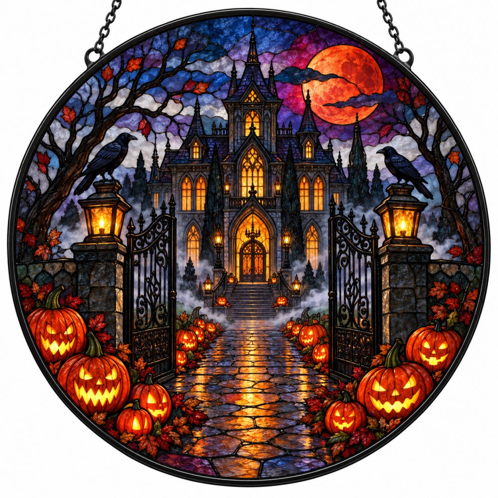 Pumpkin Farm Entrance Halloween stained glass suncatcher window hanging, suitable for home and garden decoration