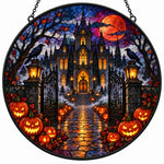 Pumpkin Farm Entrance Halloween stained glass suncatcher window hanging, suitable for home and garden decoration
