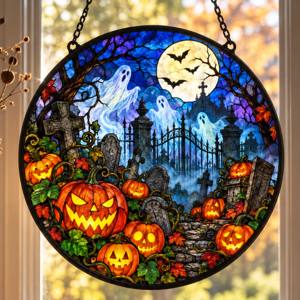 Pumpkin Ghost Cemetery Halloween stained glass suncatcher window hanging, suitable for home and garden decoration