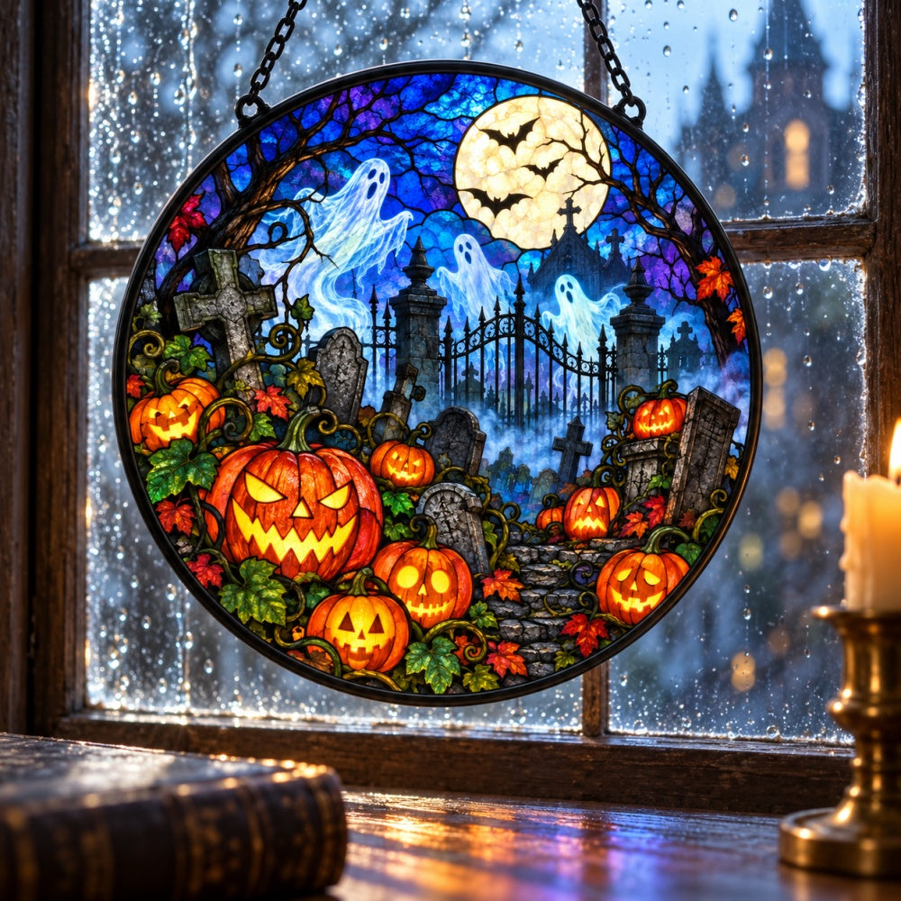 Pumpkin Ghost Cemetery Halloween stained glass suncatcher window hanging, suitable for home and garden decoration