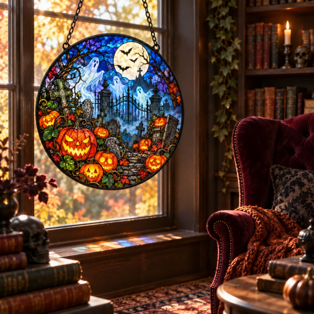 Pumpkin Ghost Cemetery Halloween stained glass suncatcher window hanging, suitable for home and garden decoration