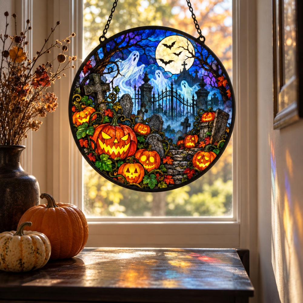 Pumpkin Ghost Cemetery Halloween stained glass suncatcher window hanging, suitable for home and garden decoration