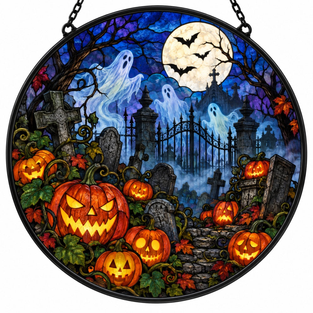 Pumpkin Ghost Cemetery Halloween stained glass suncatcher window hanging, suitable for home and garden decoration