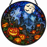 Pumpkin Ghost Cemetery Halloween stained glass suncatcher window hanging, suitable for home and garden decoration