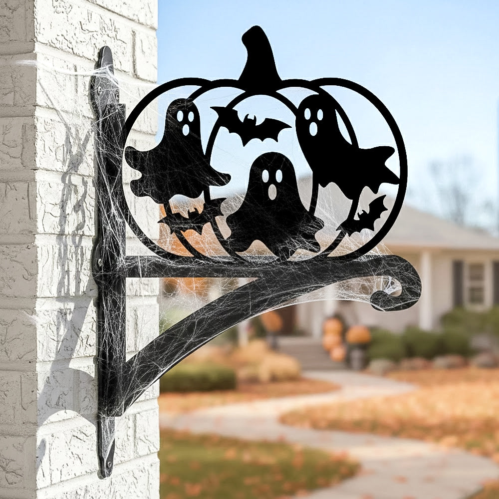 Pumpkin ghosts metal hanging basket bracket mounted on outdoor wall for plant decoration