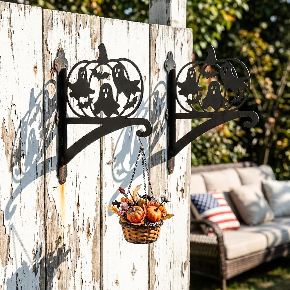 Pumpkin ghosts metal hanging basket bracket mounted on outdoor wall for plant decoration