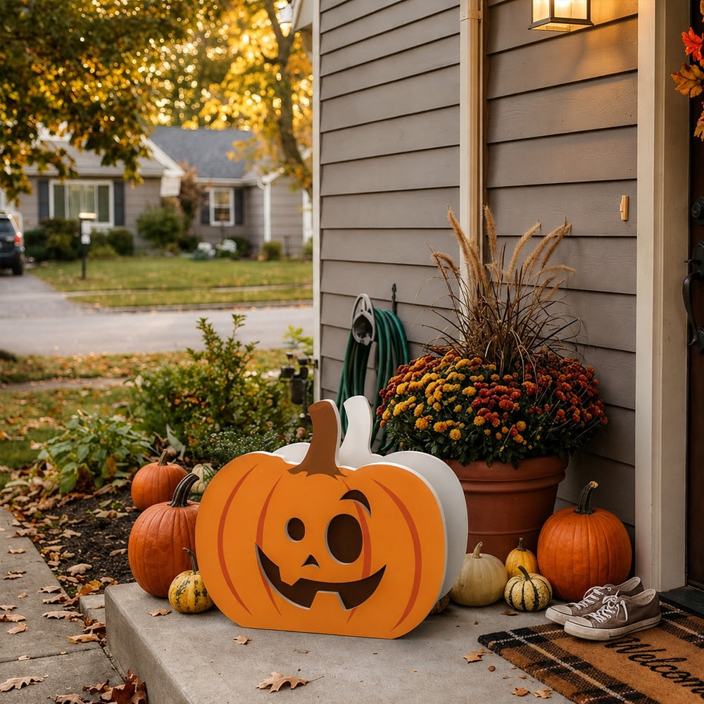 Halloween Planter Pumpkin planter filled with fresh flowers is placed in the garden