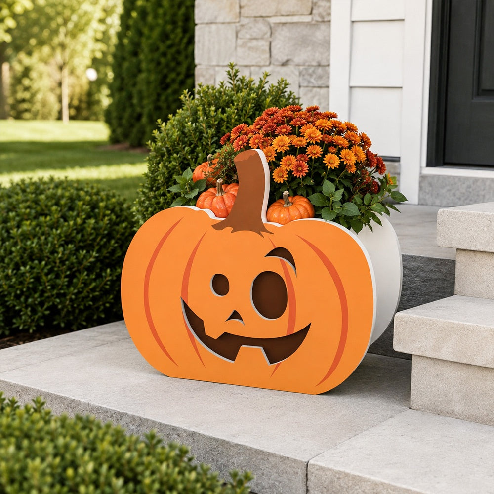 Halloween Planter Pumpkin planter filled with fresh flowers is placed in the garden