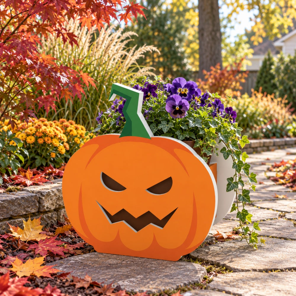 Halloween Planter Pumpkin planter filled with fresh flowers is placed in the garden