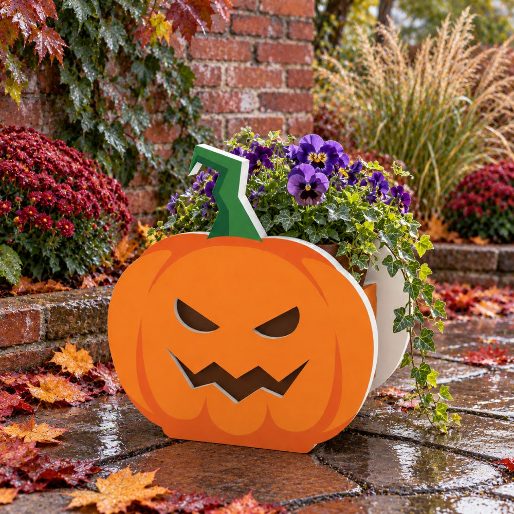 Halloween Planter Pumpkin planter filled with fresh flowers is placed in the garden