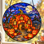 Pumpkin Haunted House Halloween stained glass suncatcher window hanging, suitable for home and garden decoration
