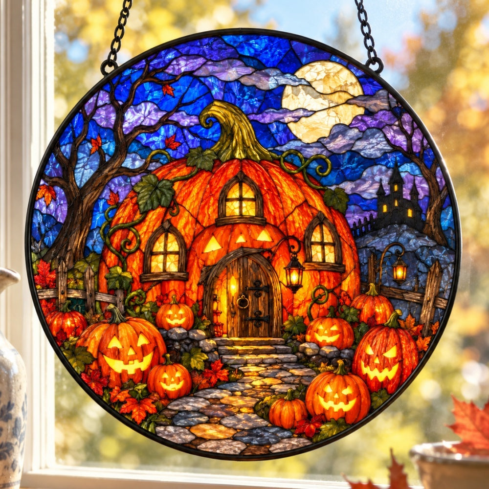 Pumpkin Haunted House Halloween stained glass suncatcher window hanging, suitable for home and garden decoration