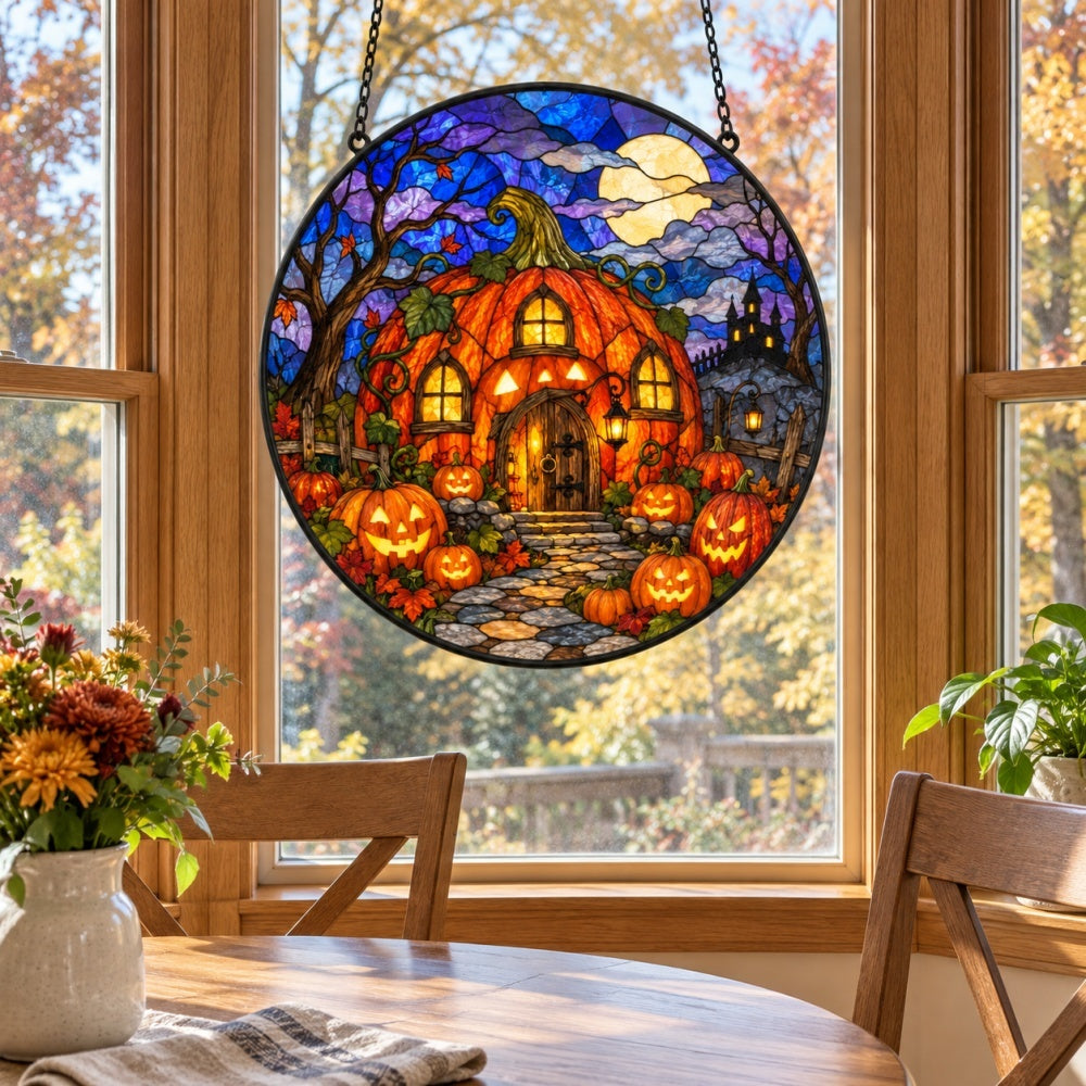 Pumpkin Haunted House Halloween stained glass suncatcher window hanging, suitable for home and garden decoration