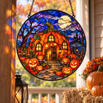 Pumpkin Haunted House Halloween stained glass suncatcher window hanging, suitable for home and garden decoration