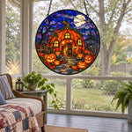 Pumpkin Haunted House Halloween stained glass suncatcher window hanging, suitable for home and garden decoration