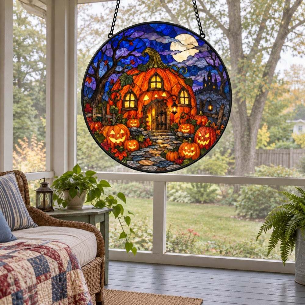 Pumpkin Haunted House Halloween stained glass suncatcher window hanging, suitable for home and garden decoration