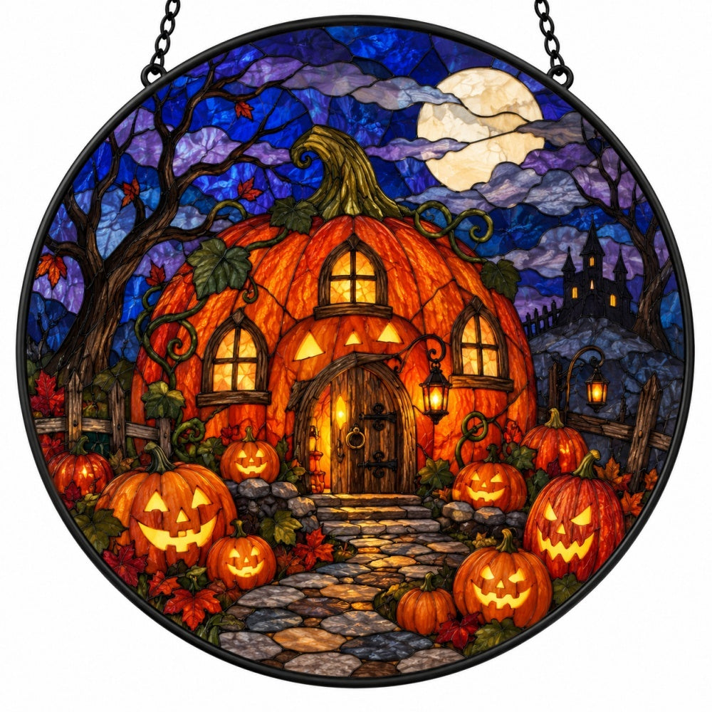 Pumpkin Haunted House Halloween stained glass suncatcher window hanging, suitable for home and garden decoration