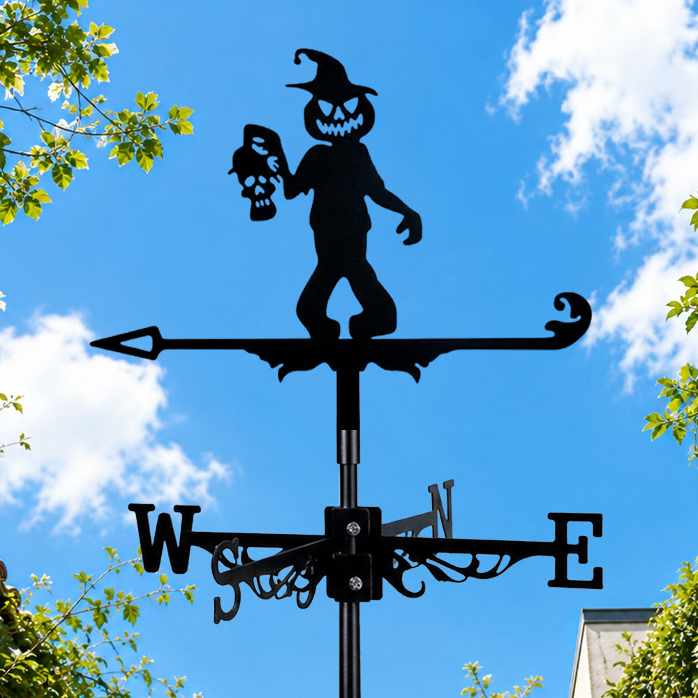 Pumpkin head metal weather vane with directional arrows and mounting rod, outdoor roof and garden decoration