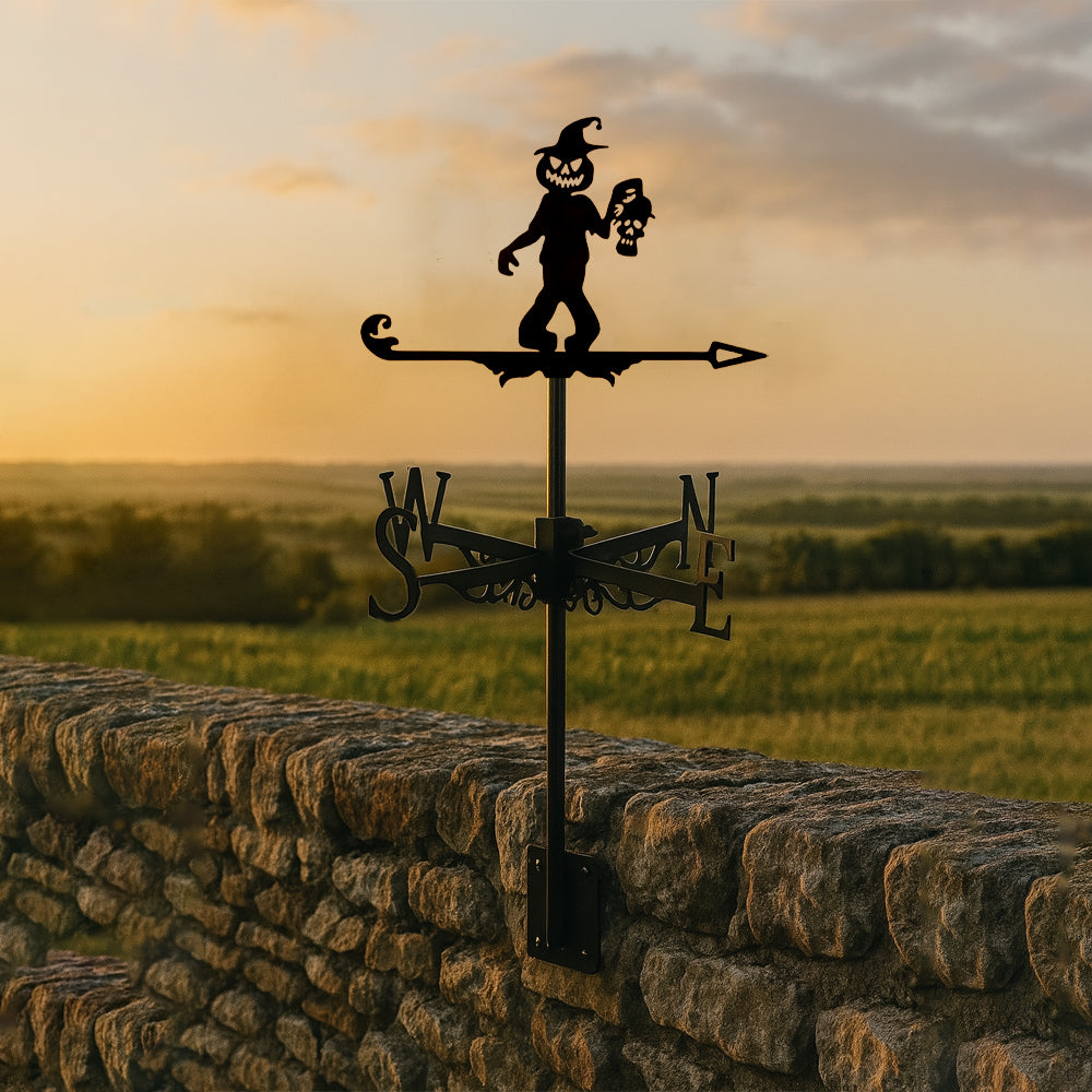 Pumpkin head metal weather vane with directional arrows and mounting rod, outdoor roof and garden decoration