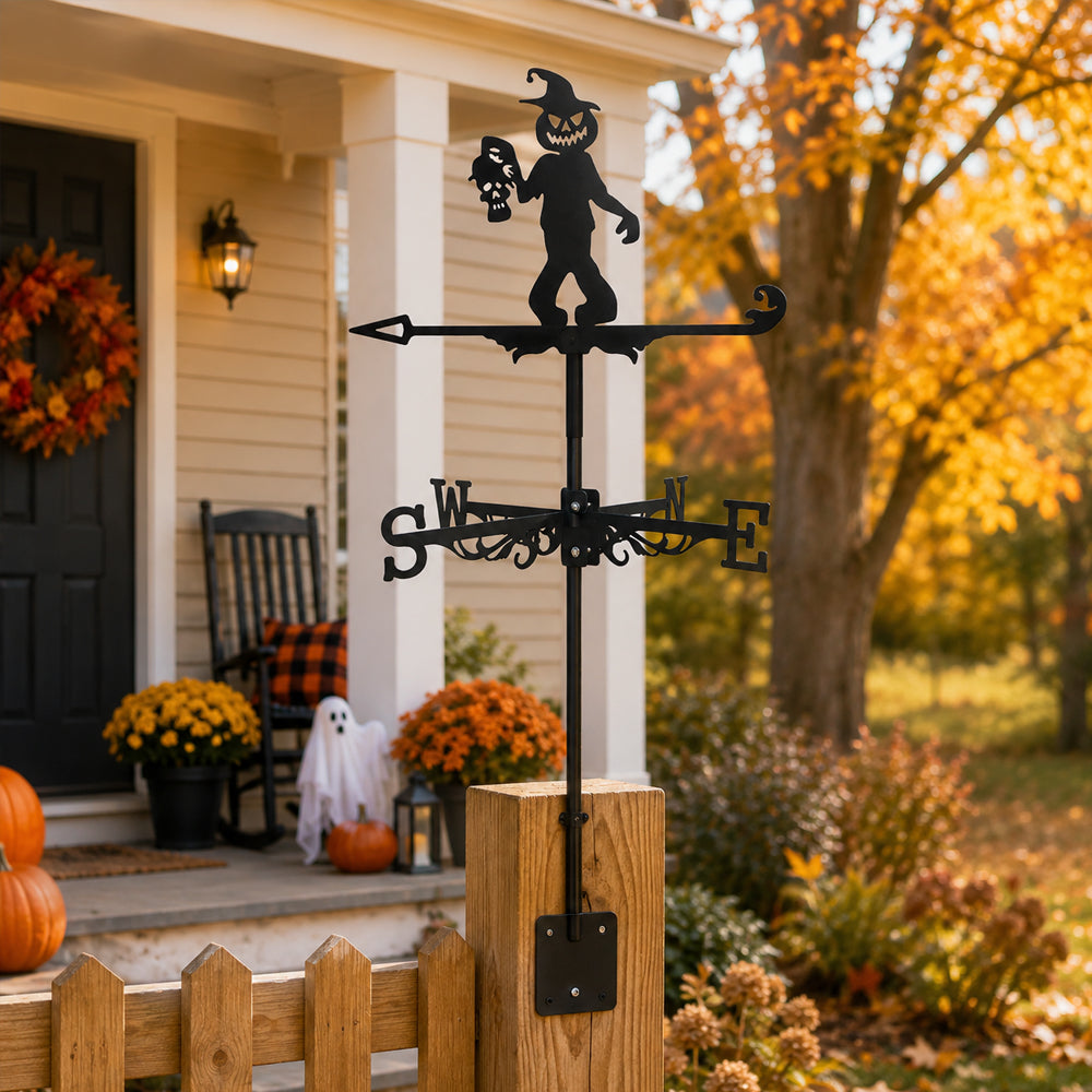 Pumpkin head metal weather vane with directional arrows and mounting rod, outdoor roof and garden decoration