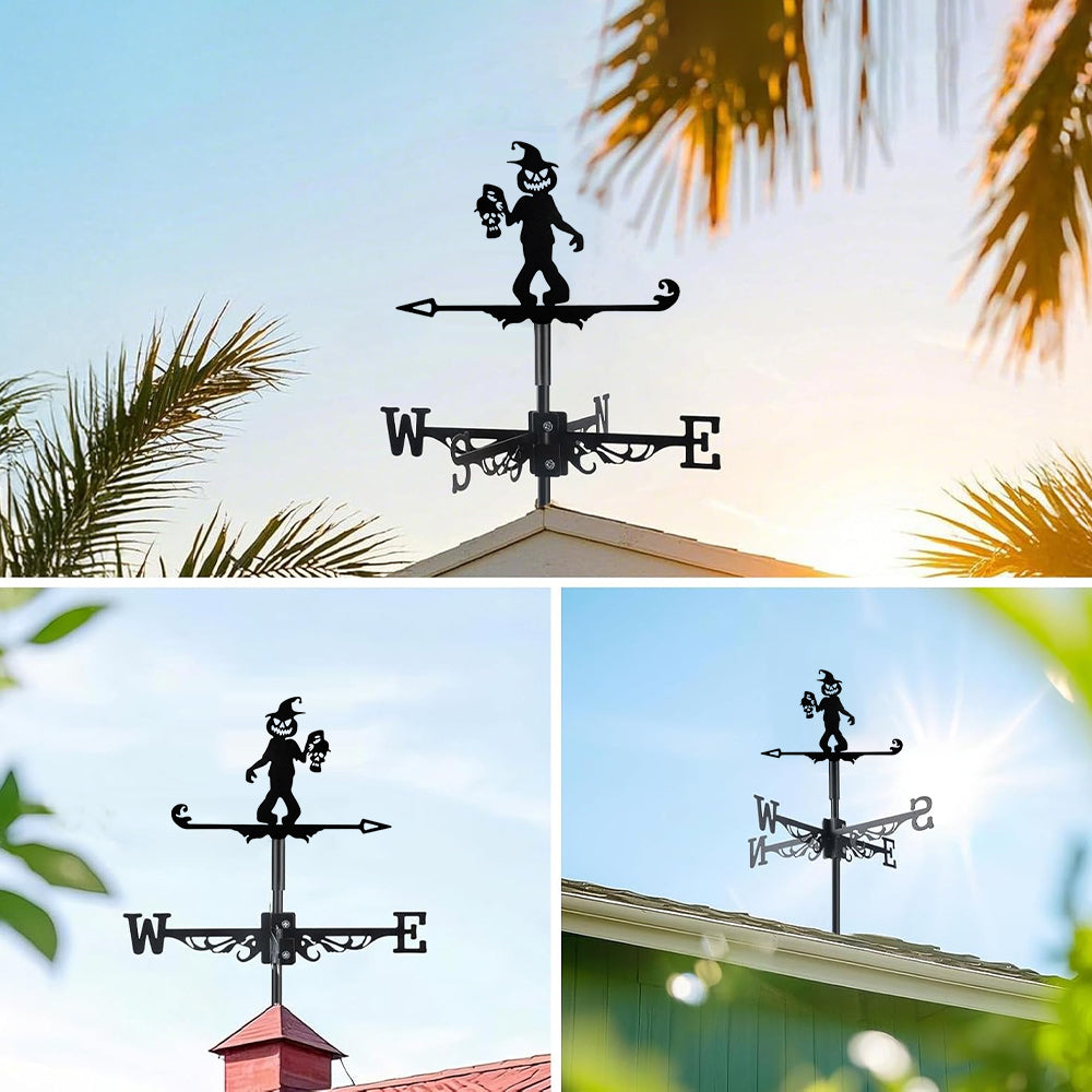 Pumpkin head metal weather vane with directional arrows and mounting rod, outdoor roof and garden decoration