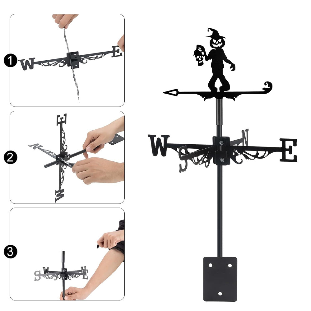 Pumpkin head metal weather vane with directional arrows and mounting rod, outdoor roof and garden decoration