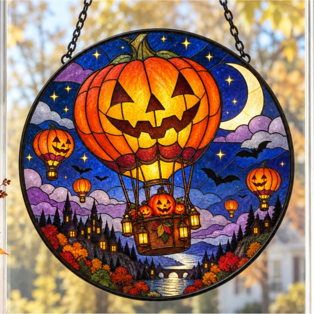 Pumpkin Hot Air Balloon Halloween stained glass suncatcher window hanging, suitable for home and garden decoration