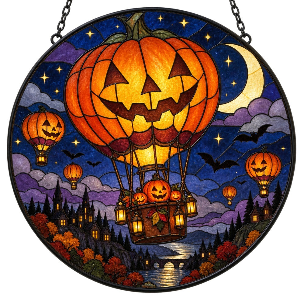 Pumpkin Hot Air Balloon Halloween stained glass suncatcher window hanging, suitable for home and garden decoration