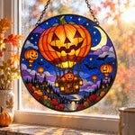 Pumpkin Hot Air Balloon Halloween stained glass suncatcher window hanging, suitable for home and garden decoration
