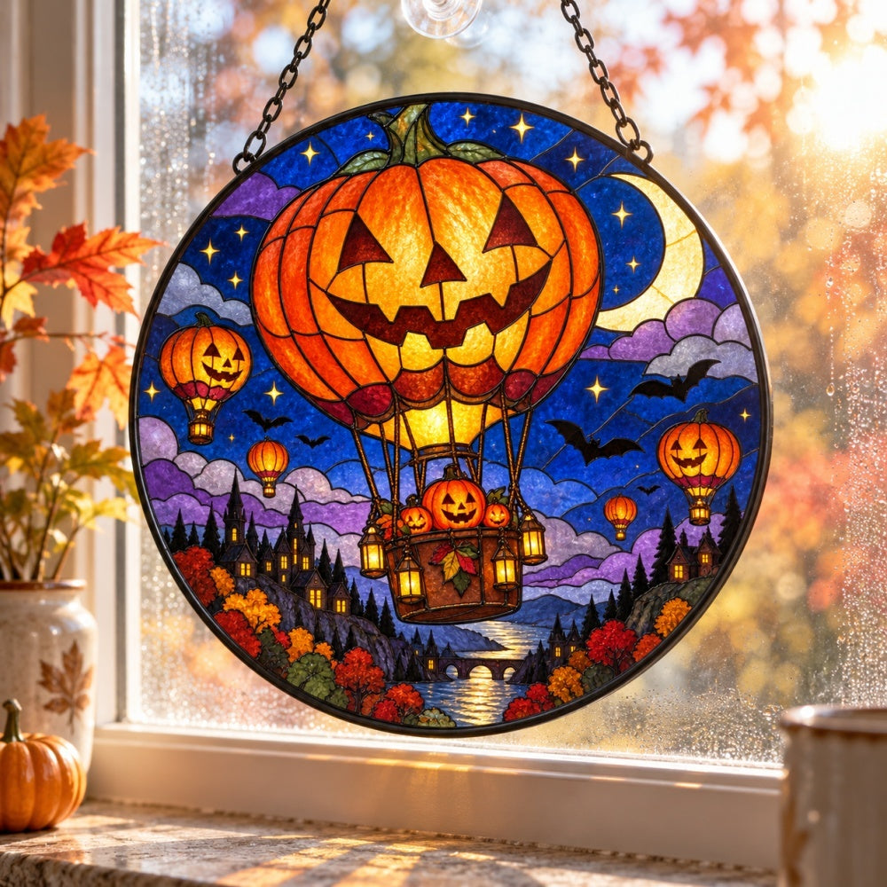 Pumpkin Hot Air Balloon Halloween stained glass suncatcher window hanging, suitable for home and garden decoration