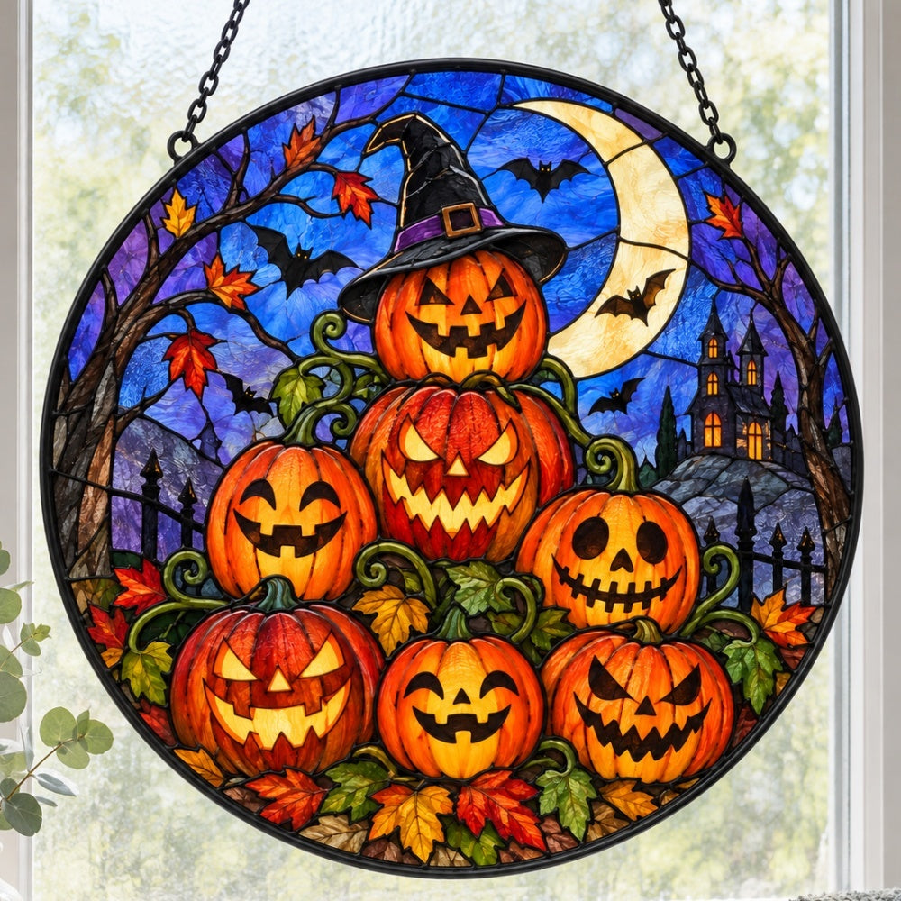 Pumpkin Lighthouse Halloween stained glass suncatcher window hanging, suitable for home and garden decoration
