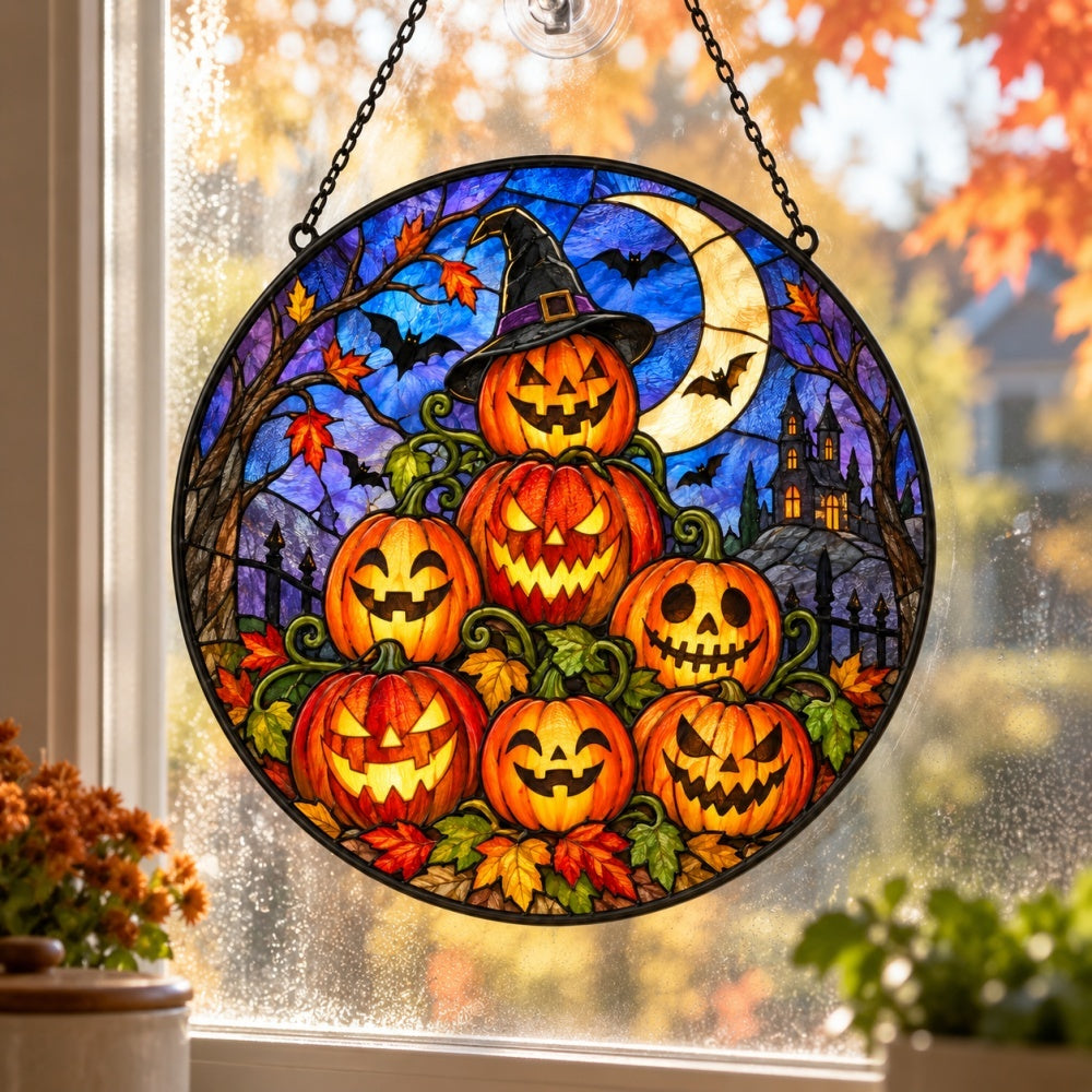 Pumpkin Lighthouse Halloween stained glass suncatcher window hanging, suitable for home and garden decoration