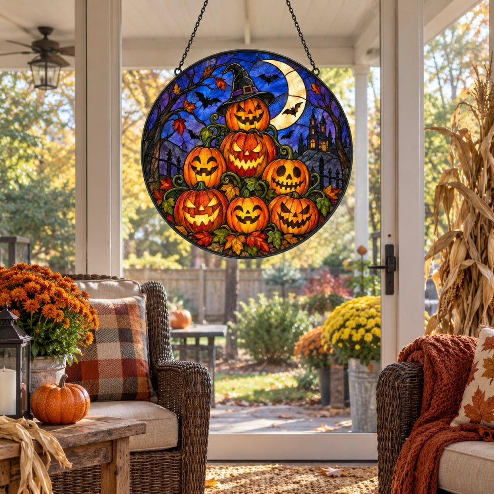 Pumpkin Lighthouse Halloween stained glass suncatcher window hanging, suitable for home and garden decoration