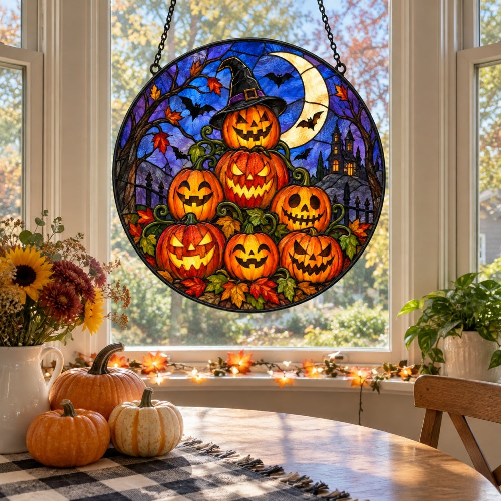 Pumpkin Lighthouse Halloween stained glass suncatcher window hanging, suitable for home and garden decoration