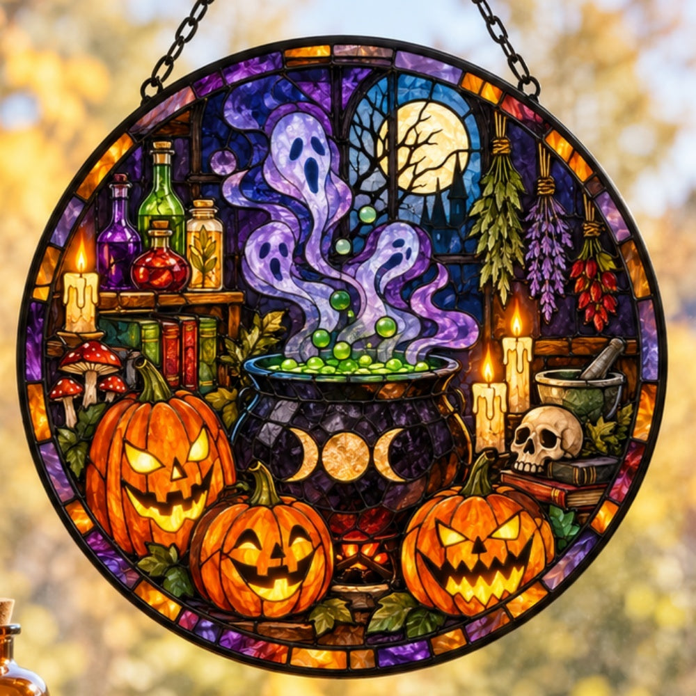 Pumpkin Magic Potion Halloween stained glass suncatcher window hanging, suitable for home and garden decoration