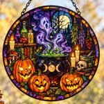Pumpkin Magic Potion Halloween stained glass suncatcher window hanging, suitable for home and garden decoration