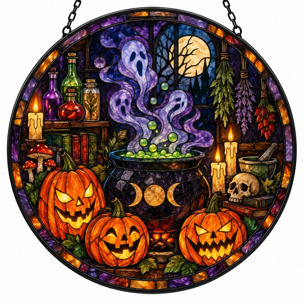 Pumpkin Magic Potion Halloween stained glass suncatcher window hanging, suitable for home and garden decoration