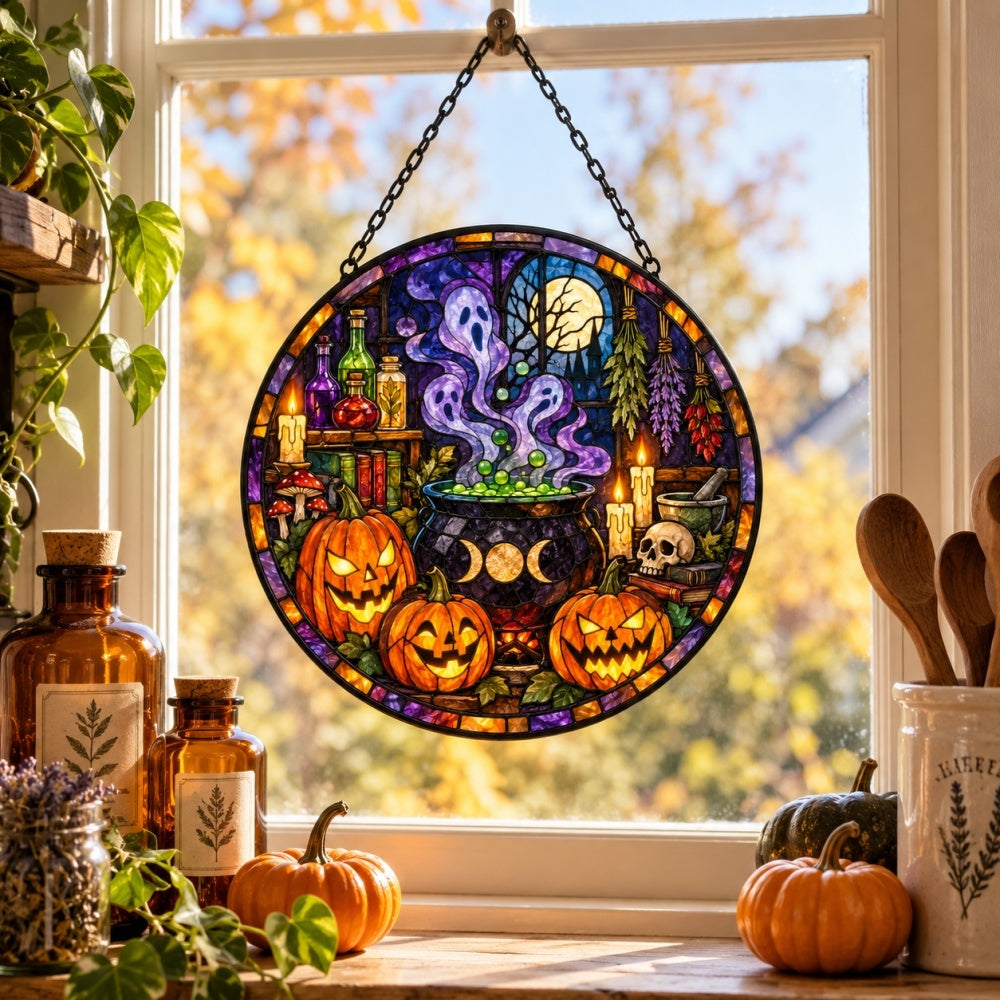 Pumpkin Magic Potion Halloween stained glass suncatcher window hanging, suitable for home and garden decoration