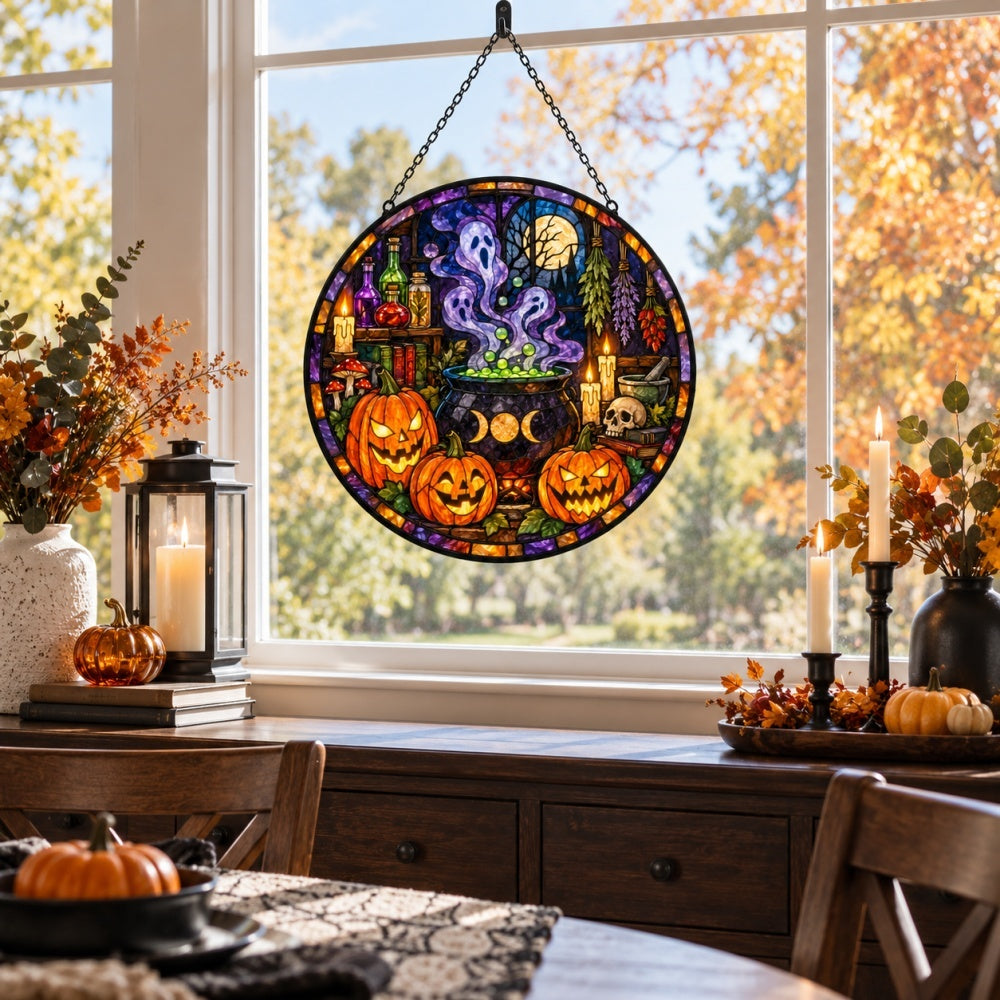 Pumpkin Magic Potion Halloween stained glass suncatcher window hanging, suitable for home and garden decoration