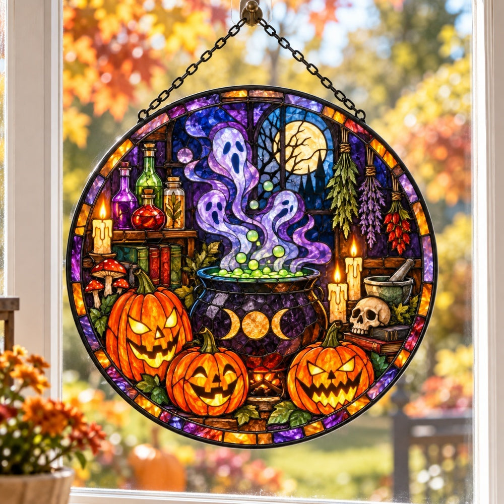 Pumpkin Magic Potion Halloween stained glass suncatcher window hanging, suitable for home and garden decoration