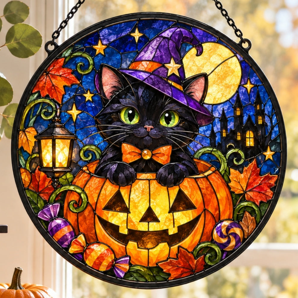 Pumpkin Magician Black Cat Halloween stained glass suncatcher window hanging, suitable for home and garden decoration