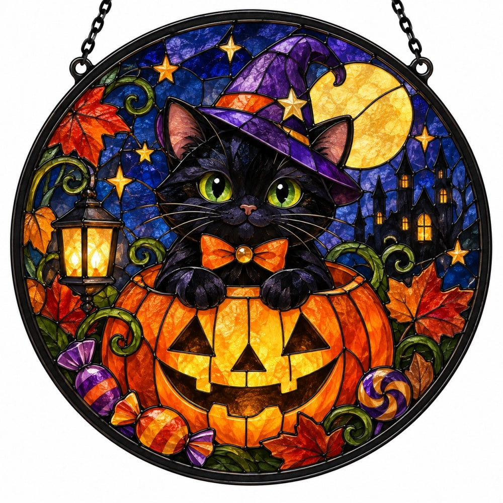 Pumpkin Magician Black Cat Halloween stained glass suncatcher window hanging, suitable for home and garden decoration