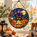 Pumpkin Magician Black Cat Halloween stained glass suncatcher window hanging, suitable for home and garden decoration