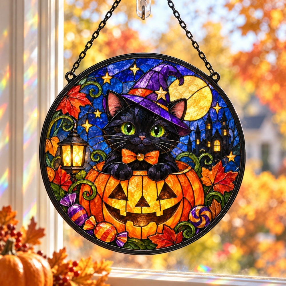 Pumpkin Magician Black Cat Halloween stained glass suncatcher window hanging, suitable for home and garden decoration