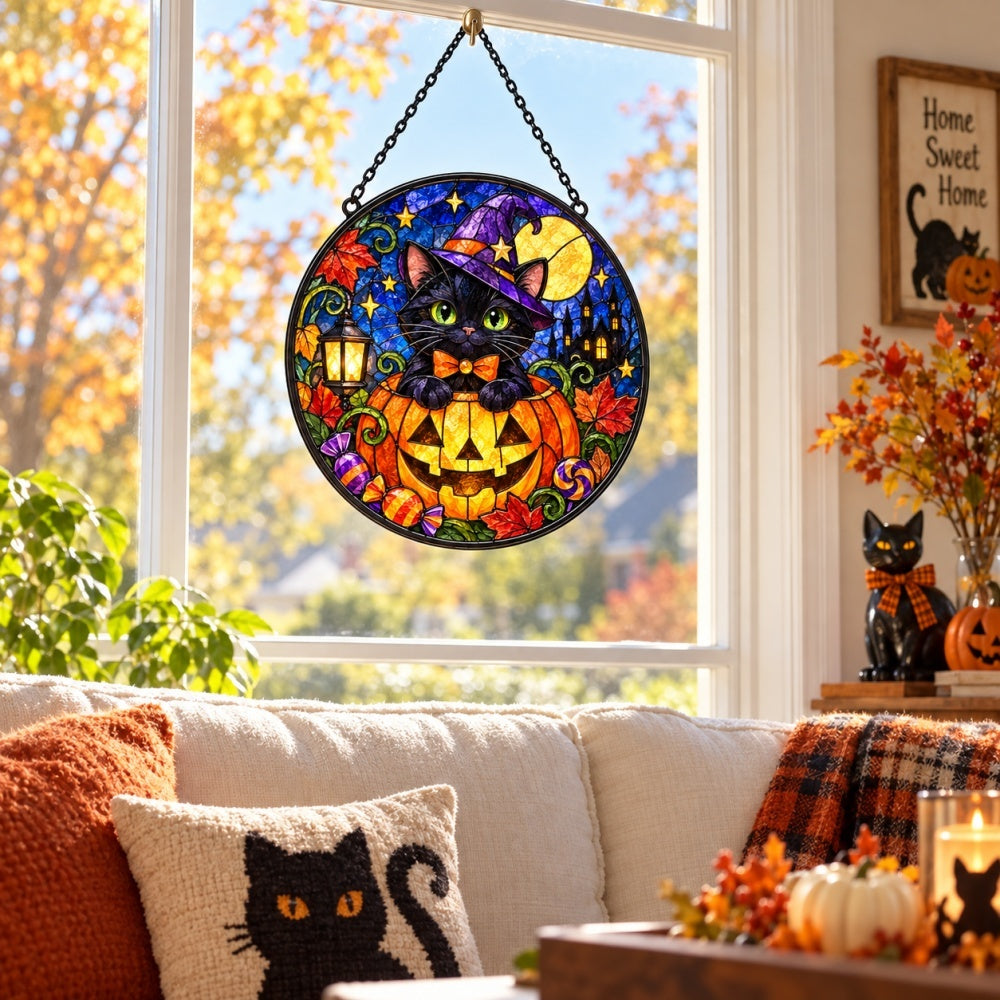 Pumpkin Magician Black Cat Halloween stained glass suncatcher window hanging, suitable for home and garden decoration