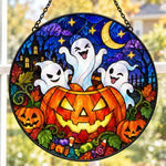Pumpkin Mischief Ghost Halloween stained glass suncatcher window hanging, suitable for home and garden decoration