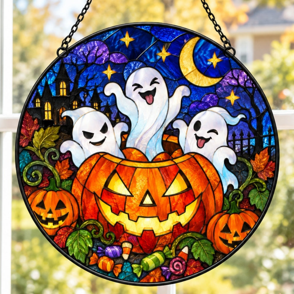 Pumpkin Mischief Ghost Halloween stained glass suncatcher window hanging, suitable for home and garden decoration