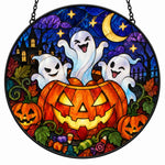 Pumpkin Mischief Ghost Halloween stained glass suncatcher window hanging, suitable for home and garden decoration