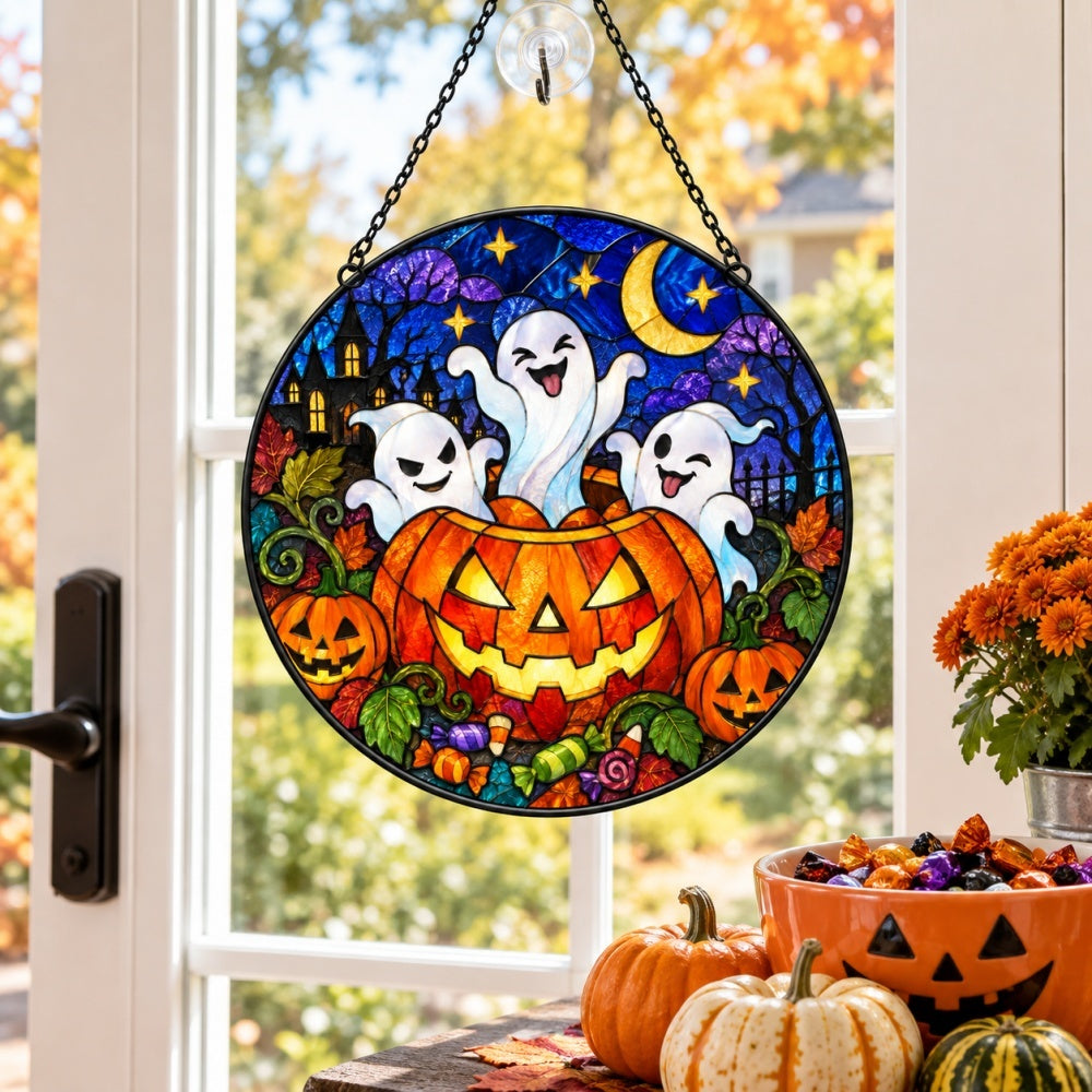 Pumpkin Mischief Ghost Halloween stained glass suncatcher window hanging, suitable for home and garden decoration